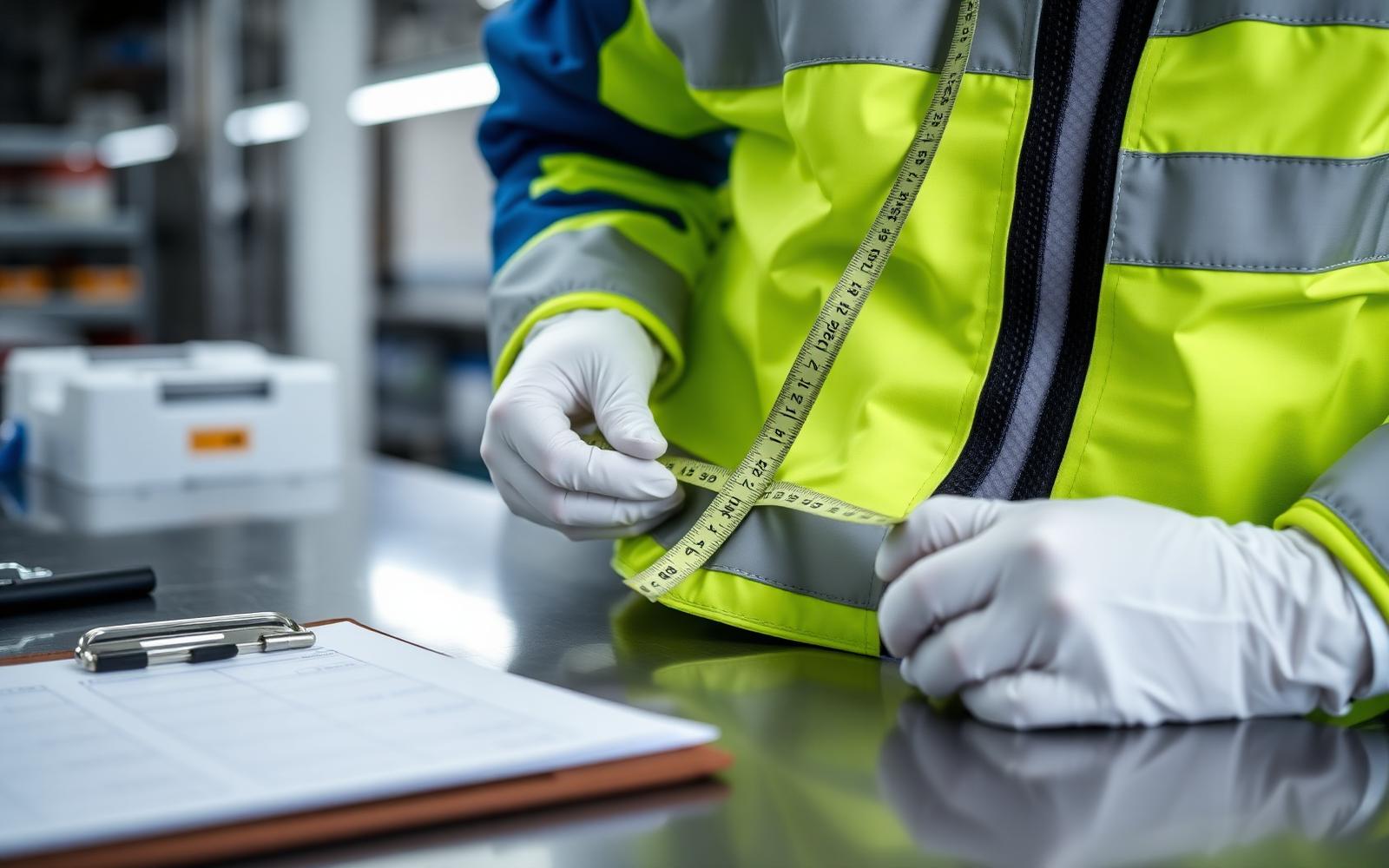 Quality inspector measuring a high-visibility safety jacket during TASINO product inspection